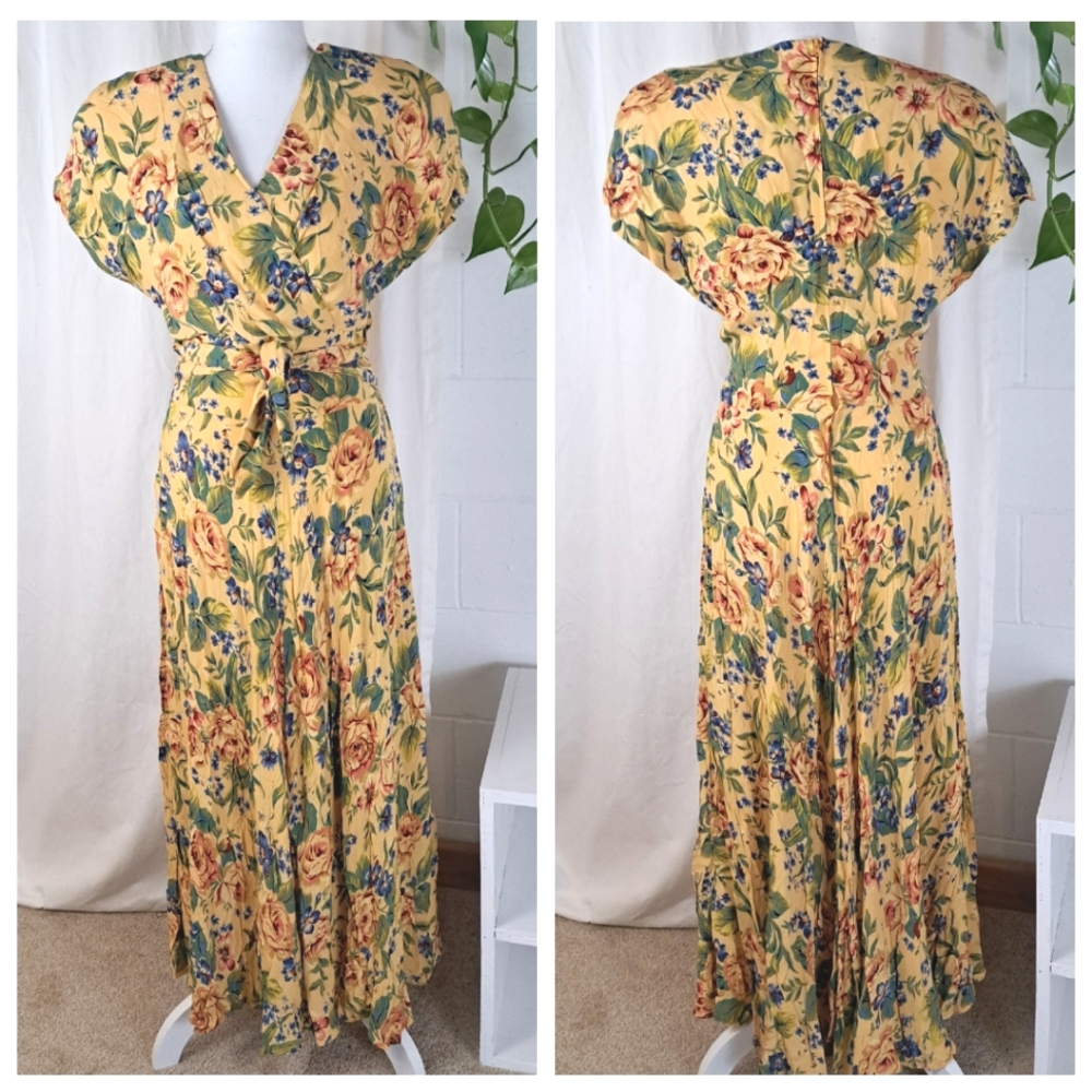 Vinatge Donna Ricco Maxi Floral Surplice Faux Wrap Summer Dress Sz2